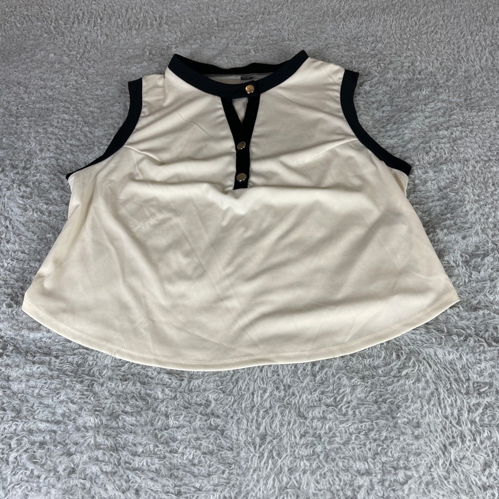 SHEIN Curve Womens 2XL Cream Black Trim Sleeveless Gold Button Knit Top Blouse
